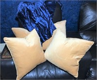 Gold Feather Pillows and Two Blue Throws