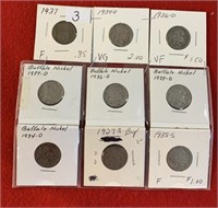 Nine buffalo nickels variety of dates look below