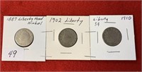 3 liberty five cent pieces 1887/1902/1910
