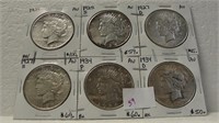 6 SILVER PEACE DOLLARS - 1924-S, 25-S, 27-D, 27-S,