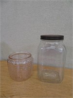 2 Vintage Jars 10" With Lid & Pink Jar