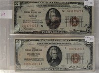 2 - 1929 BROWN SEAL $20 DOLLAR U.S. NOTES