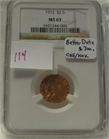 1915 INDIAN $2.50 GOLD COIN - GRADED MS63