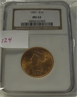 1901 LIBERTY $10 GOLD COIN - GRADED MS62