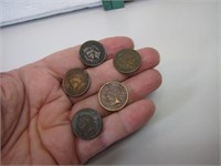 5 Indian Head Pennies 1890 1892 1897 & (2 )1903