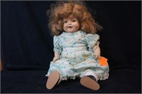 Old Composite Doll with Blue Flower Dress