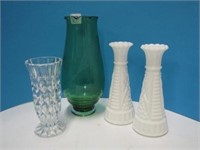 Green Glass Etched Vase Lot