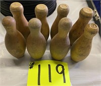 8 small wooden bowling pins 3in tall
