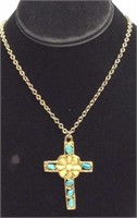 Cross Necklace with Turquoise and Pearl Stones