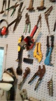 Saws Trimmers Vise Grips Misc Tools on Wall +