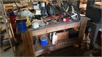 Rolling Wood Work Table & Contents
