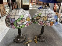 Pair of Metal Table Lamps w/ Stained Glass Shades.