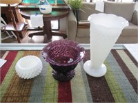 Purple Fenton Bowl, White Hobnail Vase, etc