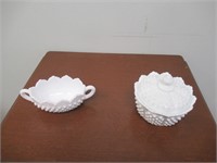 White Fenton Hobnail Candy Dish and Bowl
