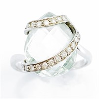 Green Amethyst & Diamond 10k WG Teardrop Ring