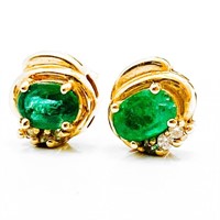 Modern Diamond & Emerald 14k Gold Earrings