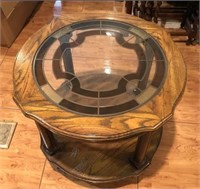 Round Oak Side Table with Glass Inset Top