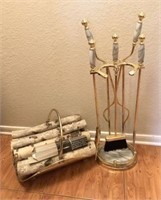 Marble Handled Fireplace Tools and Log Basket