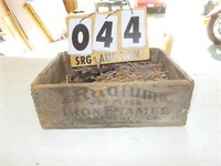 OLD ADVERTISING WOOD BOX FULL OF NAILS