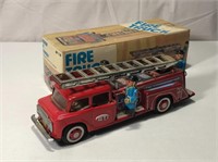Vintage Tin Friction Fire Truck Toy In Box