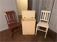 2-Wooden Chairs & Wicker Clothes Hamper