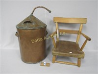 COPPER CONTAINER & CHILD'S ANTIQUE CHAIR: