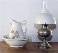 (2) items -- Nickel over brass oil lamp that has