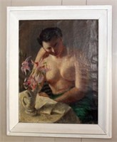 O/C painting "Nude Sitting at Table with Flowers"