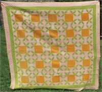Patchwork quilt - orange and green, 88" x 86" wear