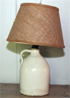 Stoneware jug lamp, electrified, w/burlap shade