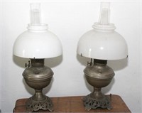 (2) pair of nickel over brass oil lights with milk