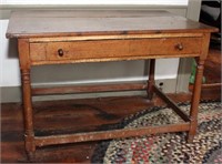 Stretcher base table with one drawer, dovetailed,