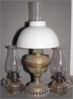 (3) lights - Ornate embossed brass oil light