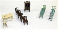 13 pieces vintage dollhouse furniture - chairs,