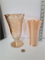 Two Carnival Glass & Peach Luster 1950's Vases