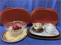 Frosted glass bowl w/wood apples -pewter tray