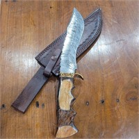 14" Damascus Steel Knife with Leather Sheath