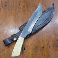 15" Damascus Steel Knife with Leather Sheath