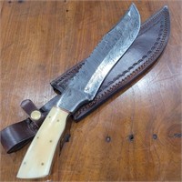 15" Damascus Steel Knife with Leather Sheath