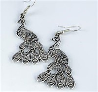 Silver Peacock French Wire Drop Earrings
