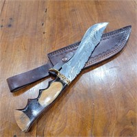14" Damascus Steel Knife with Leather Sheath