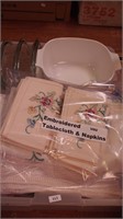 Container of housewares: vintage table linens,