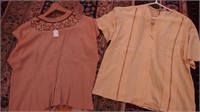 Two vintage crepe blouses: one cream with gold