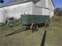 Antique grain wagon w/wood box & steel wheels,