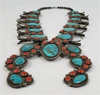 Large Turquoise Red Coral Squash Blossom Necklace