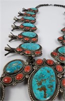 Large Turquoise Red Coral Squash Blossom Necklace