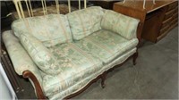 UPHOLSTERED & CARVED LOVE SEAT & PILLOWS