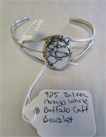 Navajo Made Silver White Buffalo Cuff Bracelet
