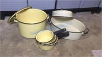 YELLOW ENAMELWARE POT, ROATER AND PANS