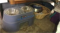 DOG FOOD AND WATER STAND, BASKET OF PET ITEMS,